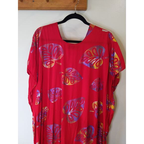 Coral Red Butterfly Print Kaftan Caftan Maxi Dress Coverup One Size BohoList - Picture 1 of 5